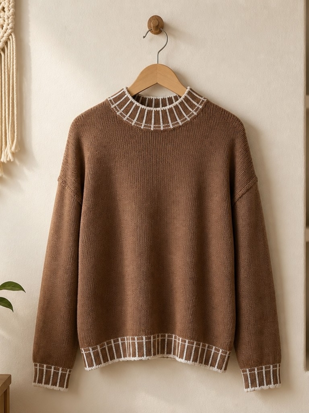 Brown Crewneck Sweater with Contrast Trim - Women's